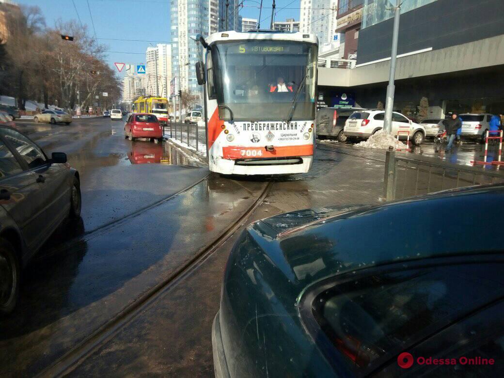 Автохам заблокировал движение трамваев в Аркадии (фотофакт)