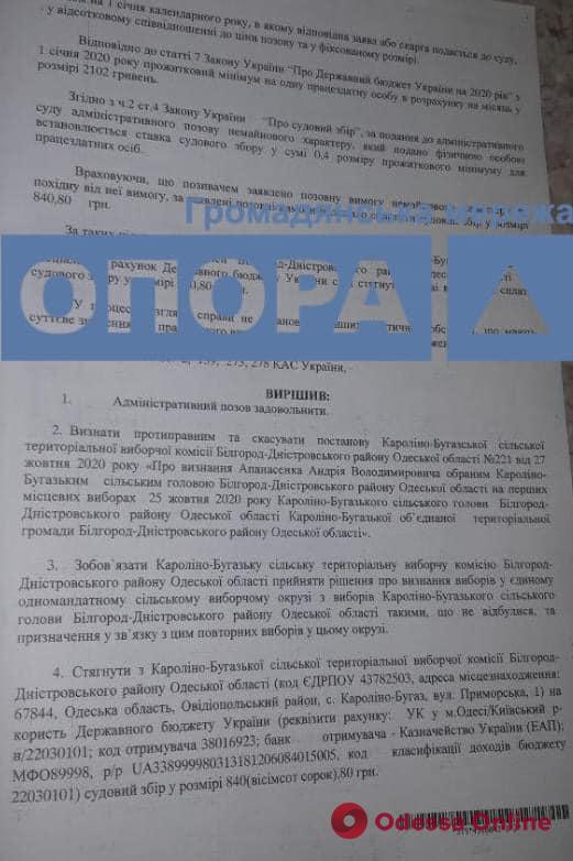 Одесский суд признал незаконными результаты выборов главы Каролино-Бугазского поссовета