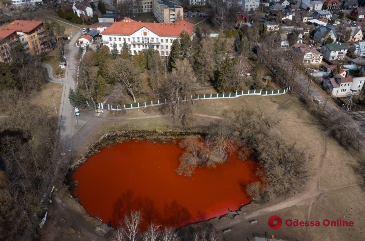 Пруд напротив посольства рф в столице Литвы окрасили в цвет крови (видео)
