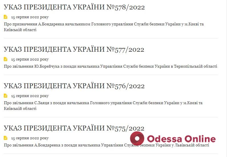 Зеленский уволил руководителей СБУ в трех областях