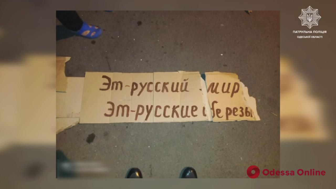 Неудачная шутка: в Одессе задержали мужчин, прибивших к дереву плакат с надписью «Это русский мир, это русские березы»