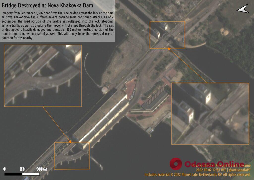 Міст біля Каховської ГЕС практично зруйнований (супутникові знімки)