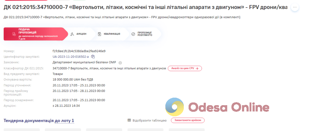 Одеська міськрада оголосила тендер на закупівлю FPV-дронів на 18 мільйонів гривень