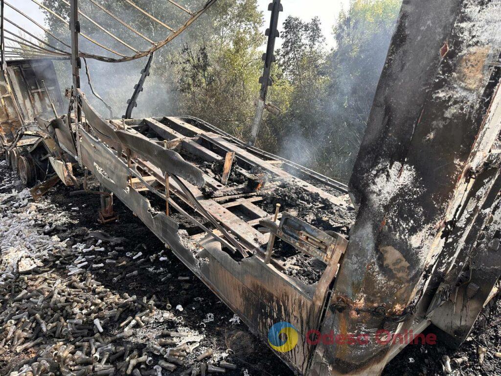 Последствия дроновой атаки по югу Одесской области: сгоревшие дотла грузовики, поврежденные ангары, уничтоженная партия мяса (фоторепортаж)