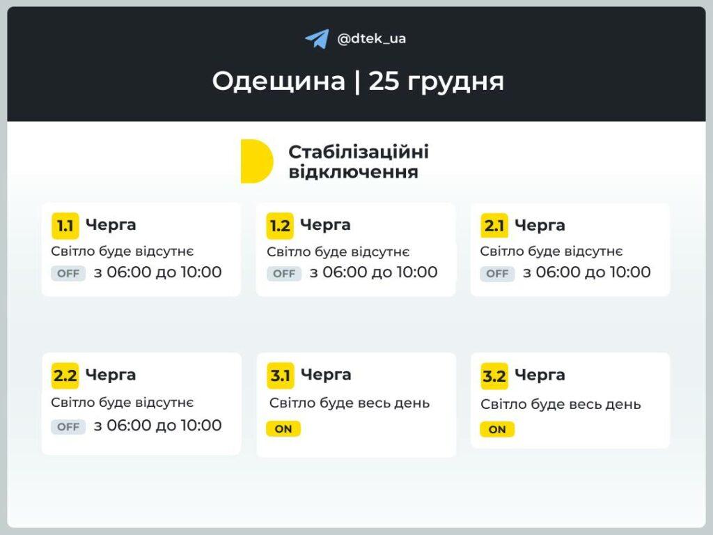 У ДТЕК опублікували нові графіки стабілізаційних відключень на 25 грудня