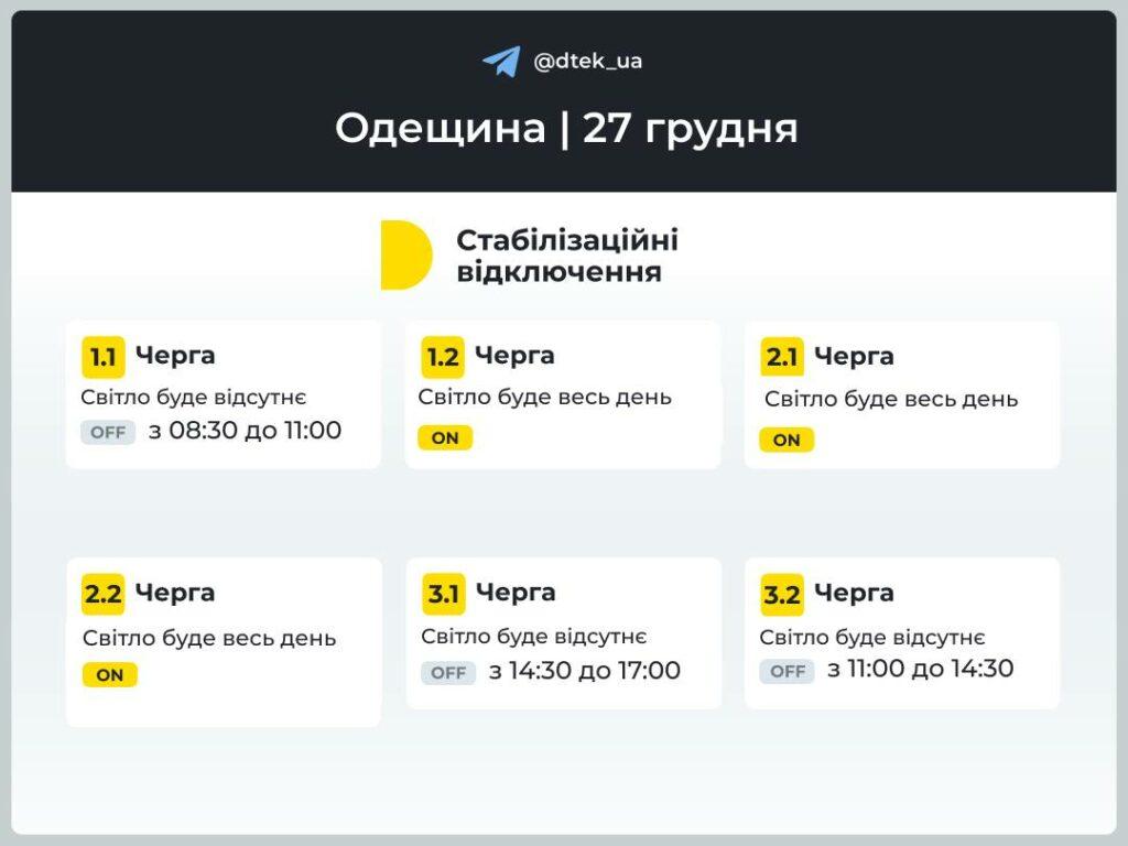 Энергетики обнародовали графики отключения света в Одесской области на 27 декабря