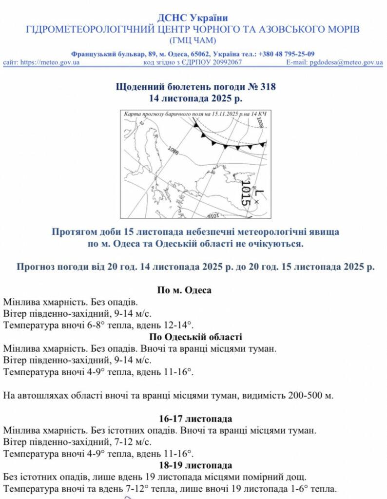 Якою буде погода в Одесі та області 15 листопада
