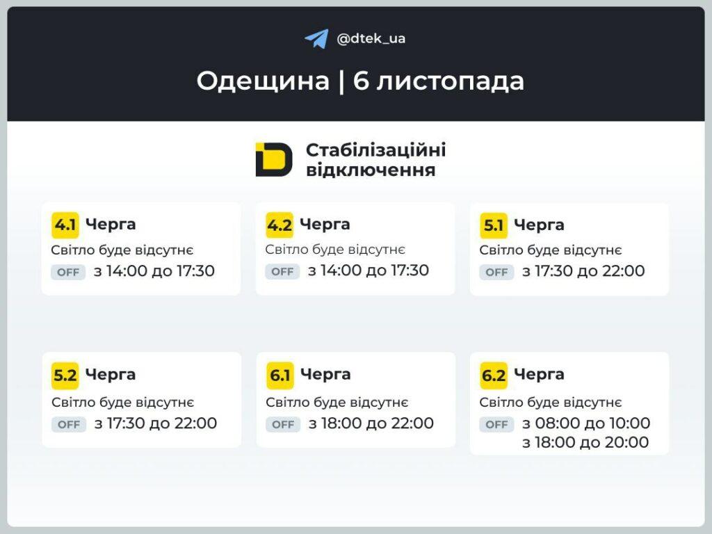 Енергетики оприлюднили графіки відключення світла в Одеській області на 6 листопада Енергетики оприлюднили графіки відключення світла в Одеській області на 6 листопада