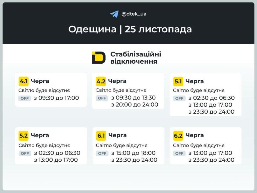 ДТЕК опублікувала графіки відключення світла в Одеській області на 25 листопада