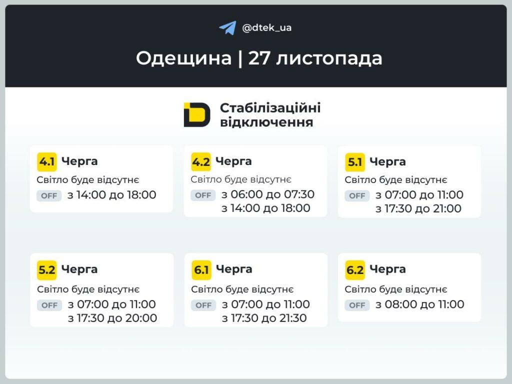 ДТЭК опубликовала обновленные графики отключения света в Одесской области на 27 ноября