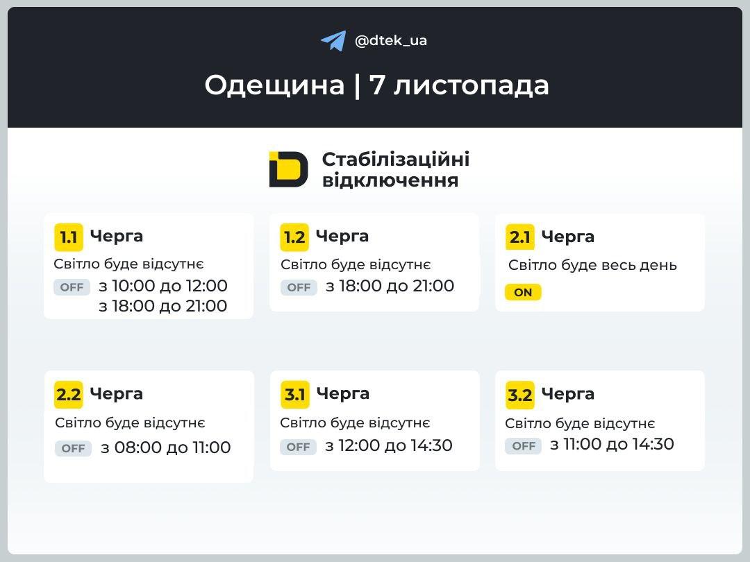 Енергетики оновили графіки відключень світла на 7 листопада на Одещині