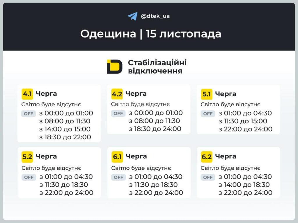 Одесская область: графики отключения света на 15 ноября