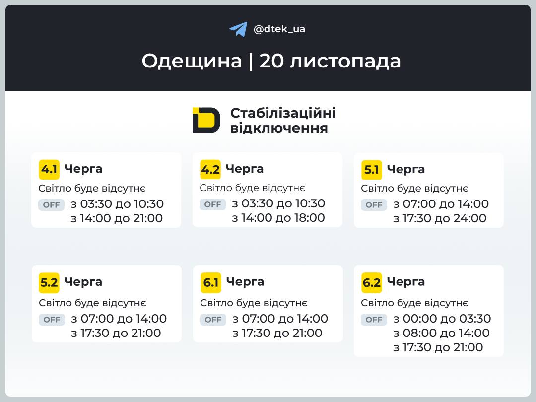 Енергетики оприлюднили графіки відключення світла в Одеській області на 20 листопада