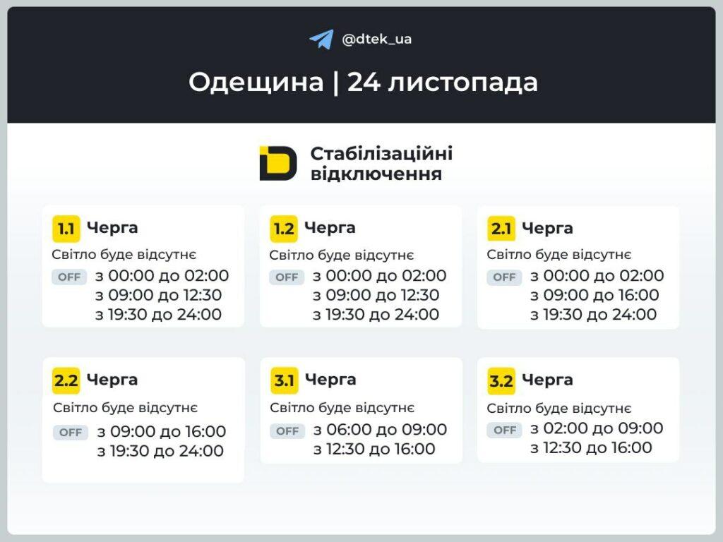 Енергетики опублікували графіки відключення світла в Одеській області на 24 листопада