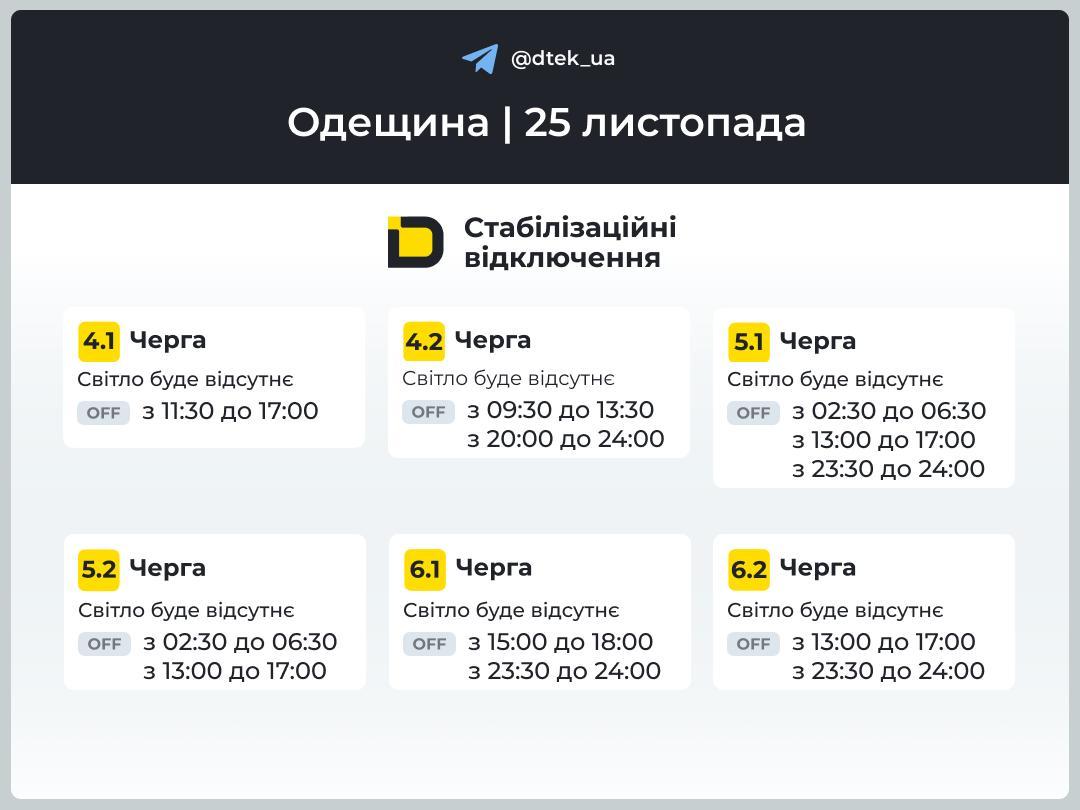 Оновлені графіки відключення світла в Одеській області на 25 листопада