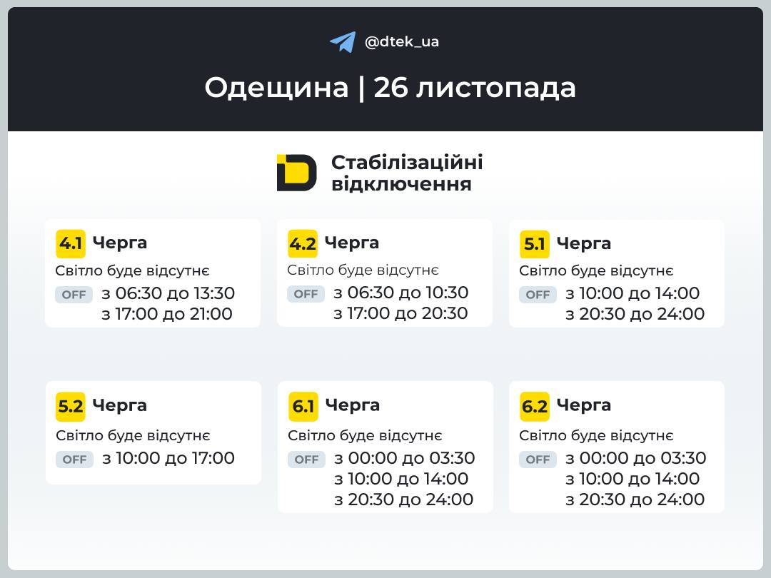 Енергетики оприлюднили графіки відключення світла в Одеській області на 26 листопада