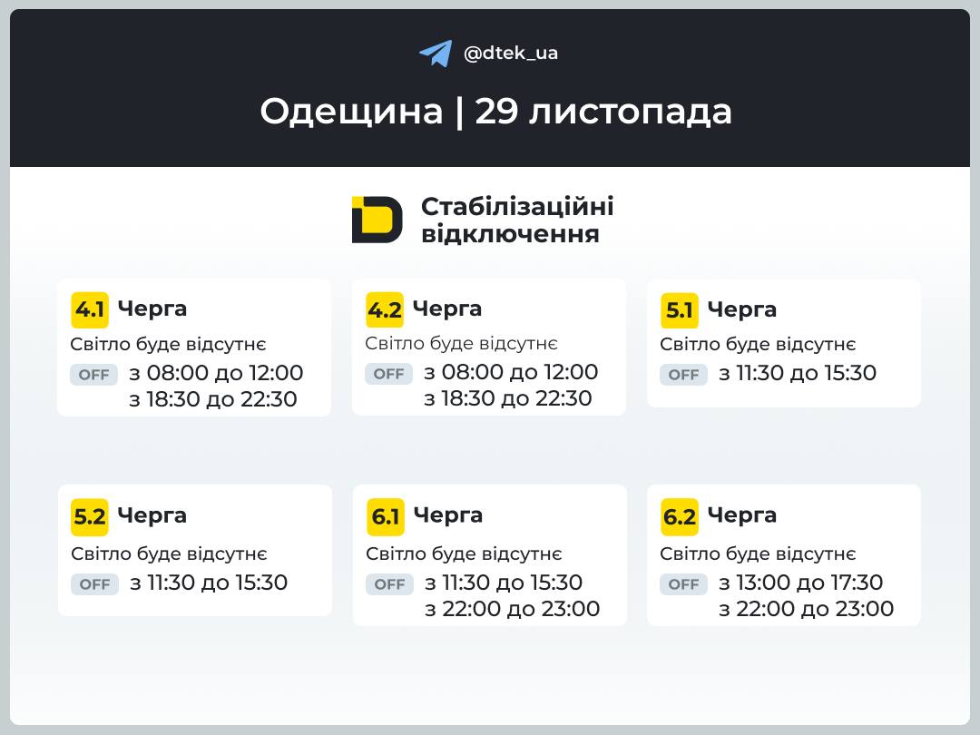 Енергетики опублікували графіки відключення світла в Одеській області на 29 листопада