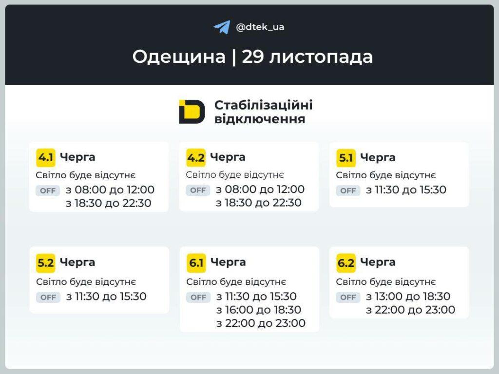 ДТЕК опублікувала оновлені графіки відключення світла в Одеській області на 29 листопада