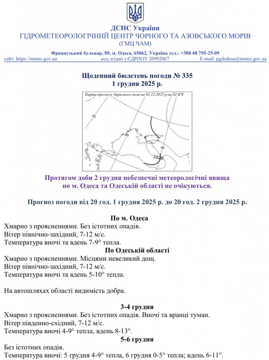 Якою буде погода в Одесі та області 2 грудня