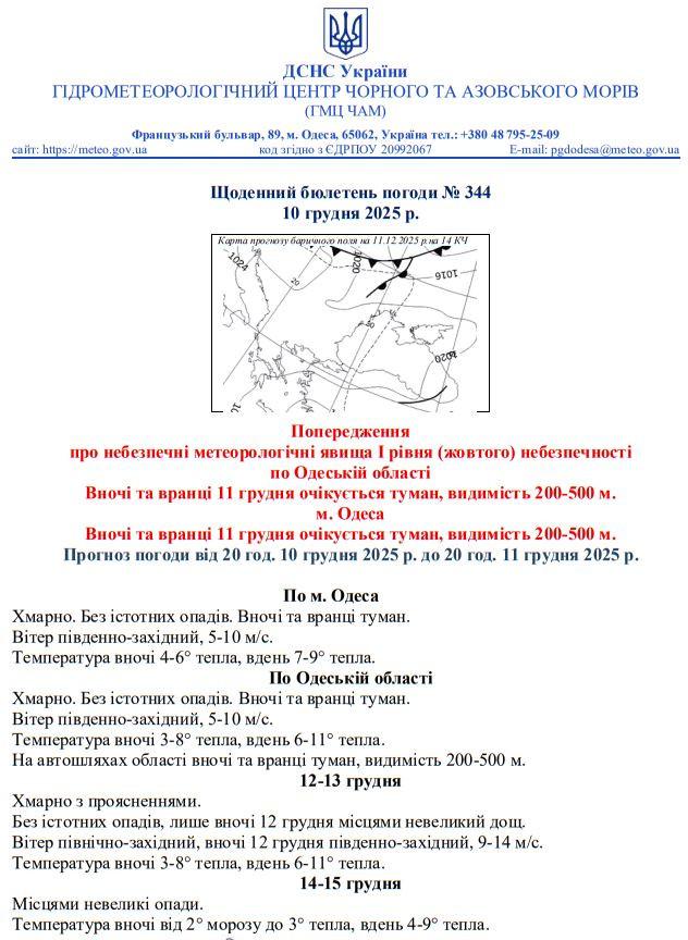 Штормовое предупреждение из-за тумана: какой будет погода в Одессе 11 декабря