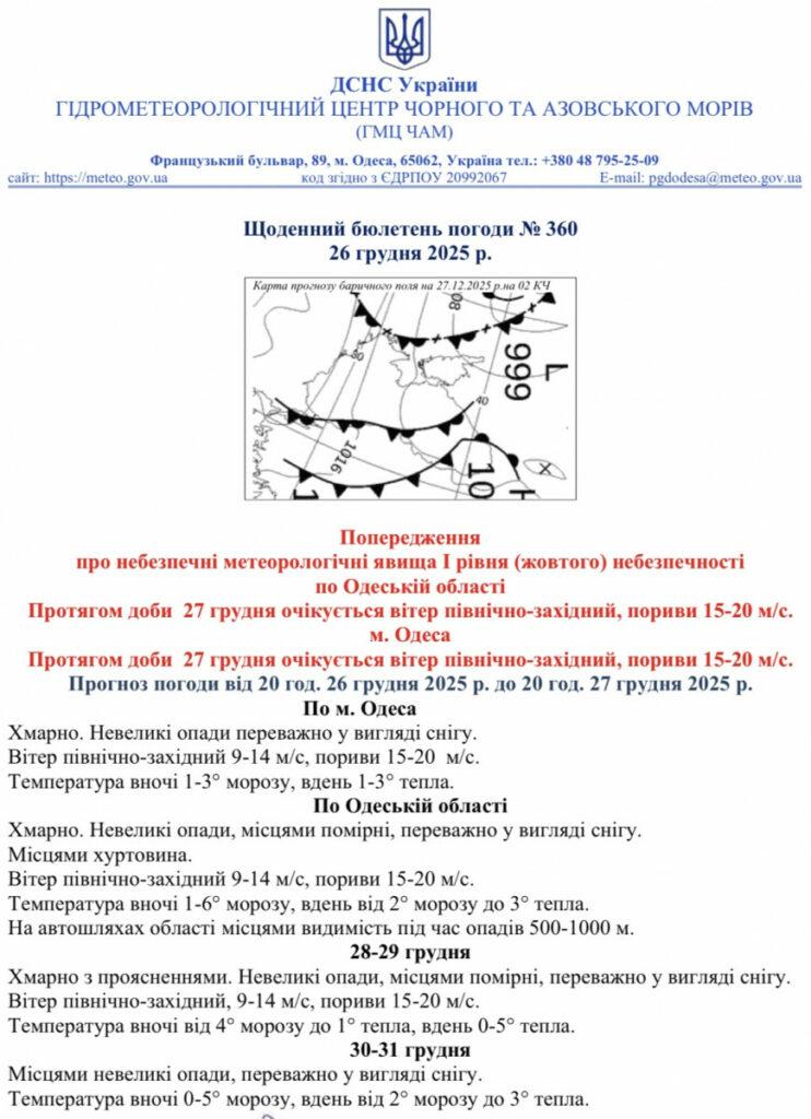 Якою буде погода в Одесі та області 27 грудня
