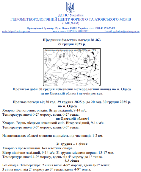 Якою буде погода в Одесі та області 30 грудня