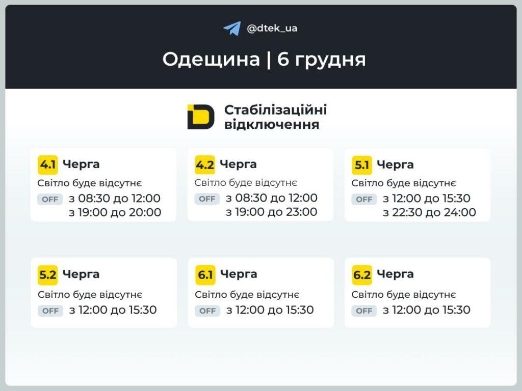 ДТЭК опубликовала обновленные графики отключения света в Одесской области на 6 декабря