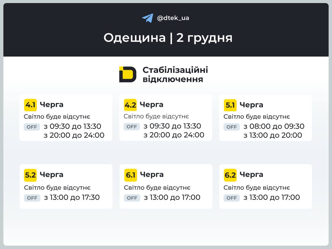 Енергетики опублікували графіки відключення світла в Одеській області на 2 грудня
