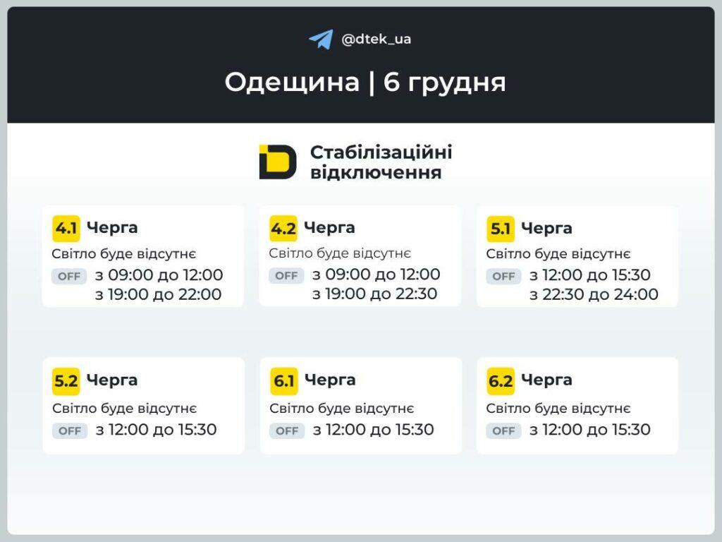Энергетики опубликовали графики отключения света в Одесской области на 6 декабря Энергетики опубликовали графики отключения света в Одесской области на 6 декабря