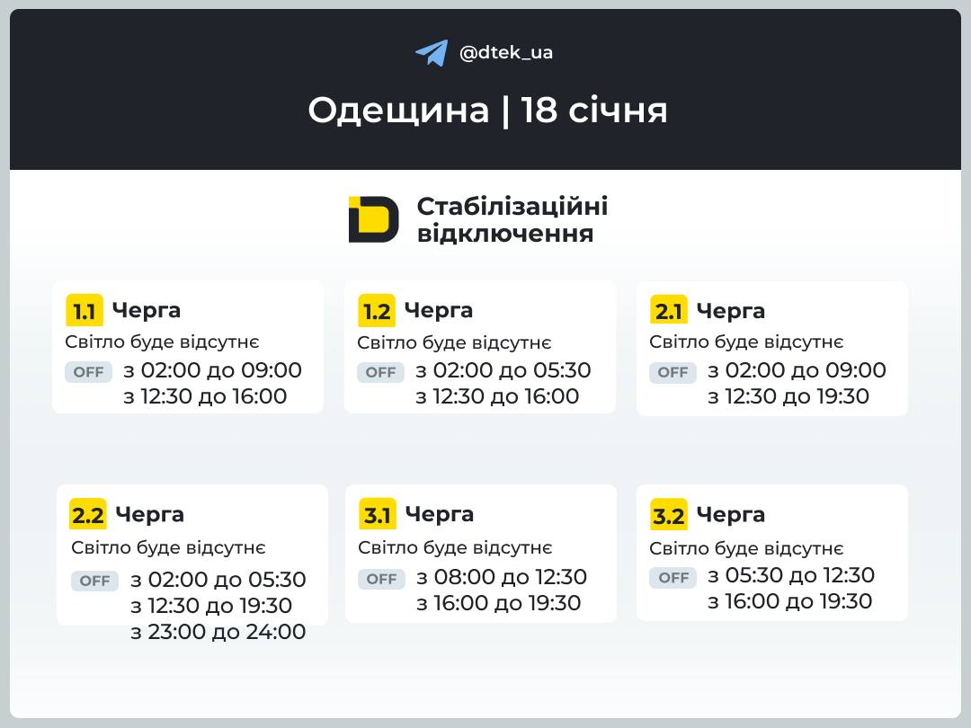 Енергетики опублікували графіки відключень світла на 18 січня для частини мешканців Одещини