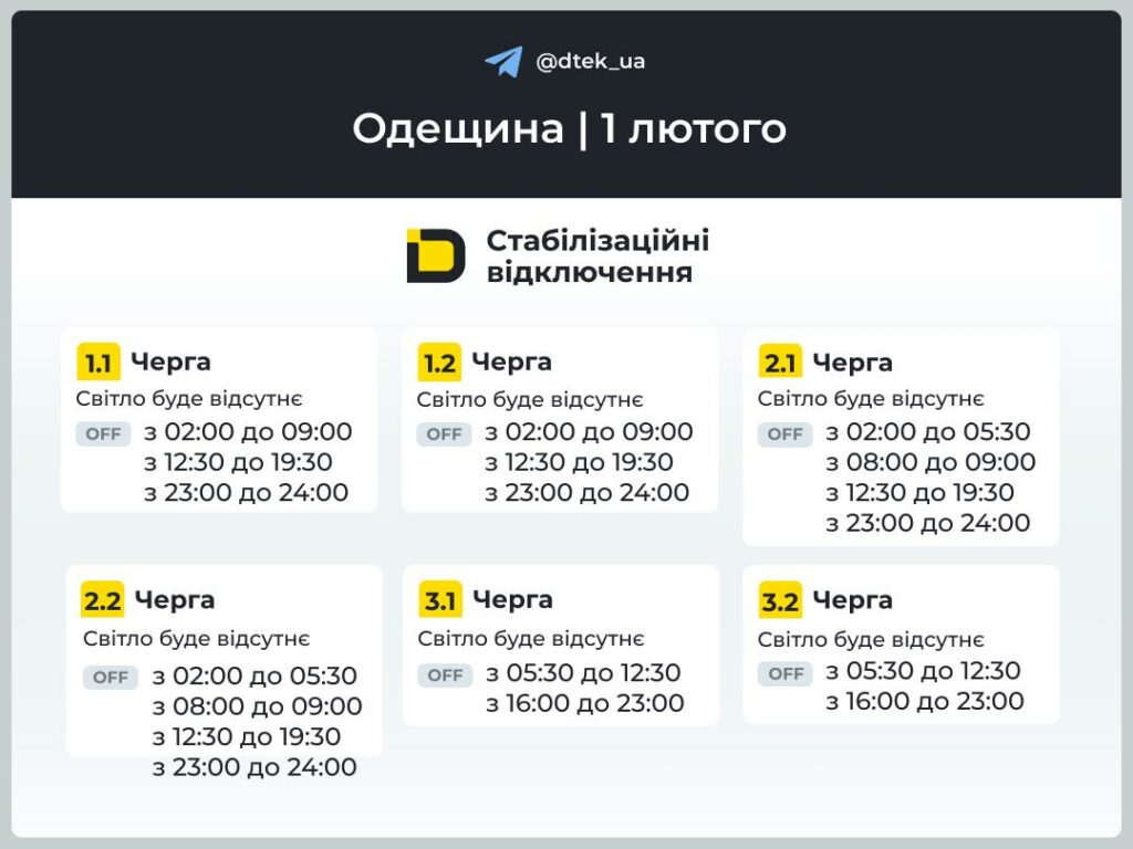 Енергетики опублікували графіки відключення світла для частини Одеської області на 1 лютого