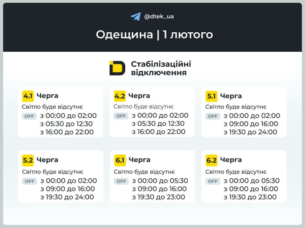 Энергетики опубликовали графики отключения света для части Одесской области на 1 февраля