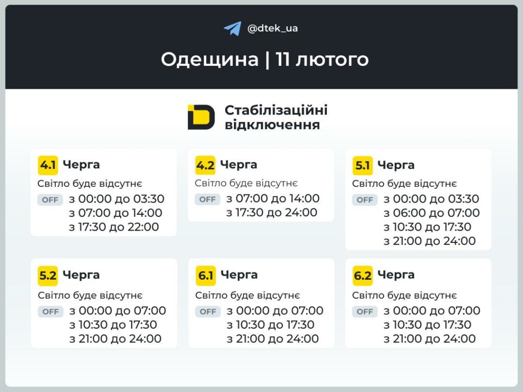 У ДТЕК опублікували графіки відключення світла в Одеській області на 11 лютого В ДТЭК опубликовали графики отключения света в Одесской области на 11 февраля