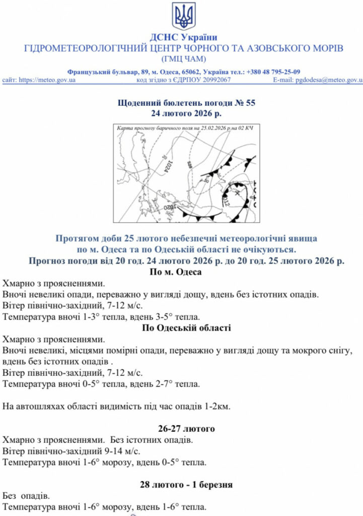 Якою буде погода в Одесі та області 25 лютого