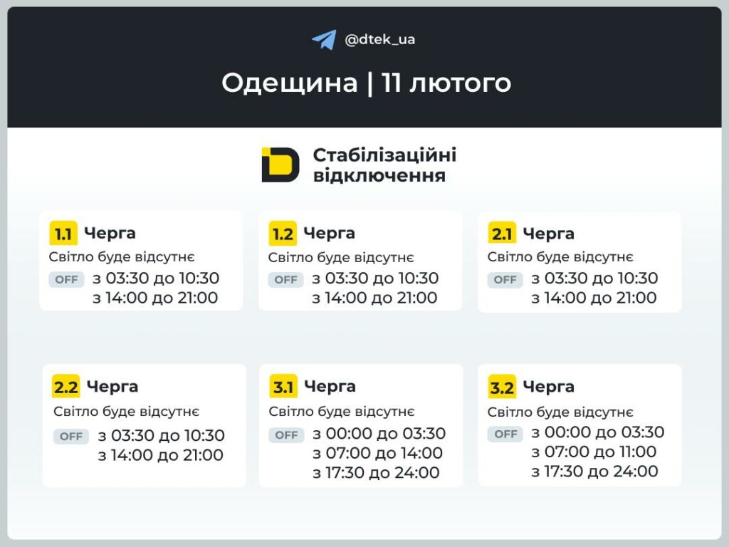 У ДТЕК опублікували графіки відключення світла в Одеській області на 11 лютого В ДТЭК опубликовали графики отключения света в Одесской области на 11 февраля