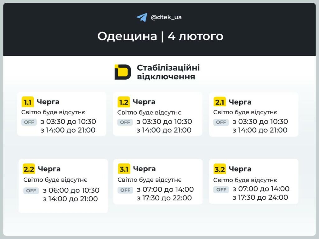 Енергетики опублікували графіки відключення світла для частини Одеської області на 4 лютого Енергетики опублікували графіки відключення світла для частини Одеської області на 4 лютого