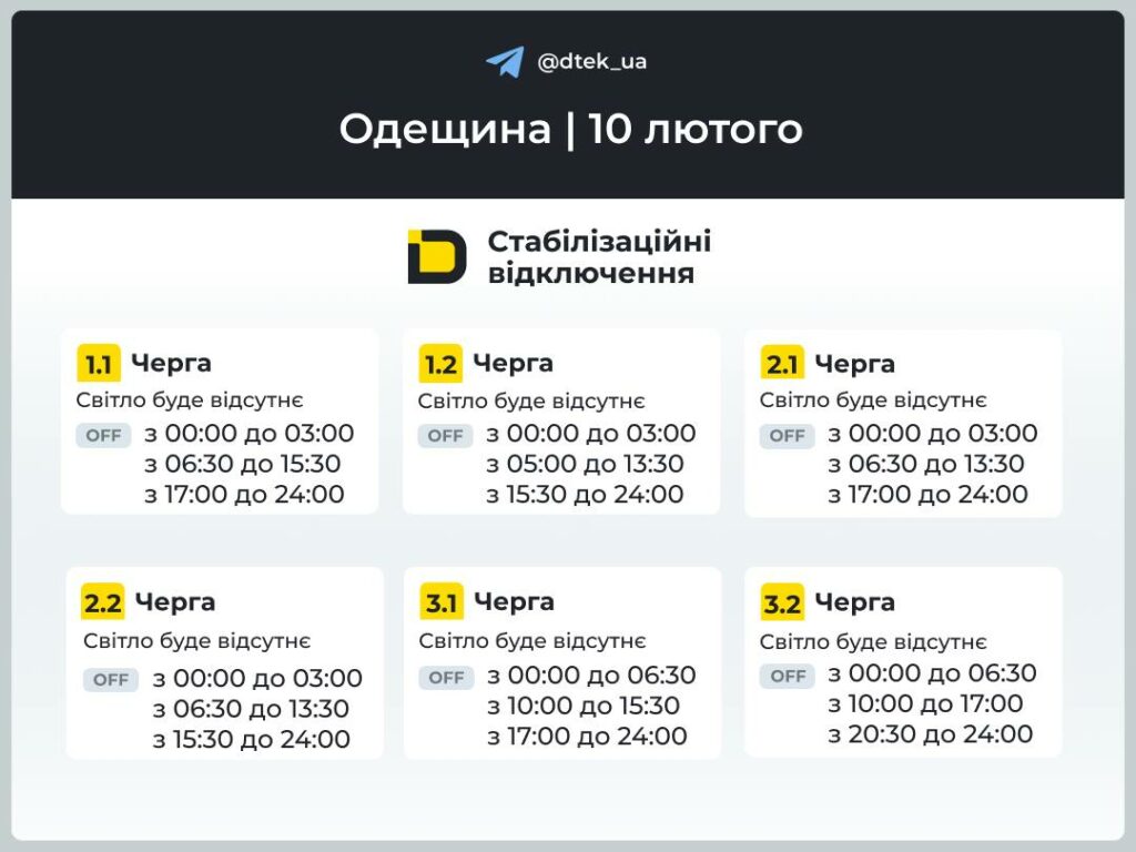 Енергетики опублікували графіки відключення світла для частини Одеської області на 10 лютого Енергетики опублікували графіки відключення світла для частини Одеської області на 10 лютого