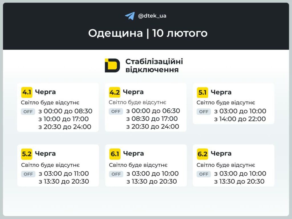 Енергетики опублікували графіки відключення світла для частини Одеської області на 10 лютого Енергетики опублікували графіки відключення світла для частини Одеської області на 10 лютого