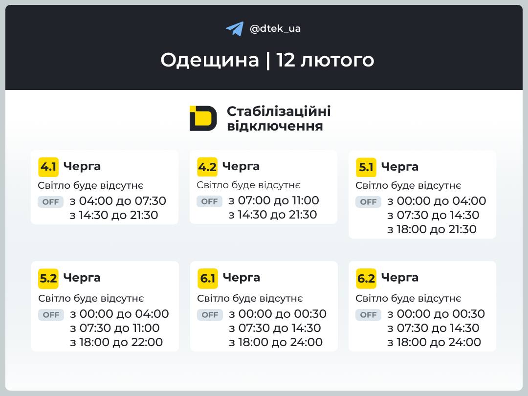 Энергетики опубликовали графики отключений света на 12 февраля для части жителей Одесской области Энергетики опубликовали графики отключений света на 12 февраля для части жителей Одесской области