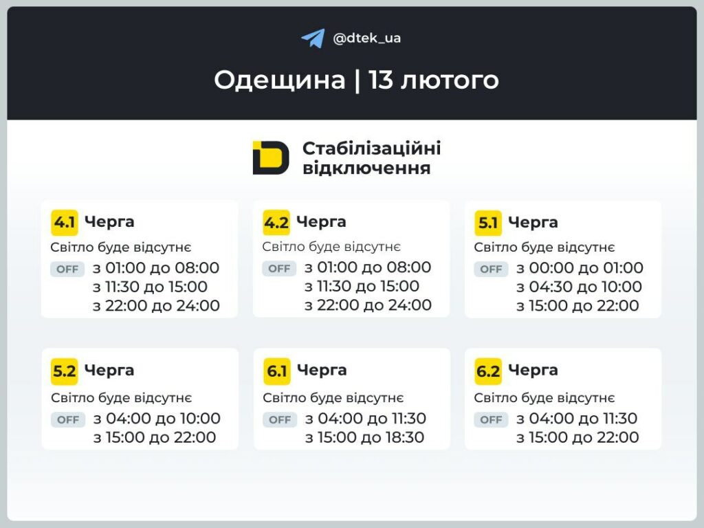 Энергетики опубликовали графики отключения света для части Одесской области на 13 февраля Энергетики опубликовали графики отключения света для части Одесской области на 13 февраля