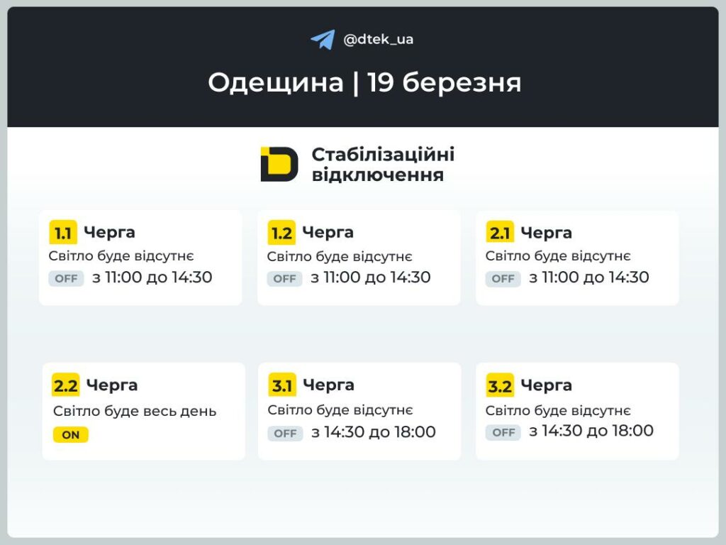 У ДТЕК опублікували графіки відключення світла в Одеській області на 19 березня