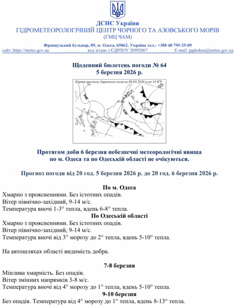 Якою буде погода в Одесі та області 6 березня