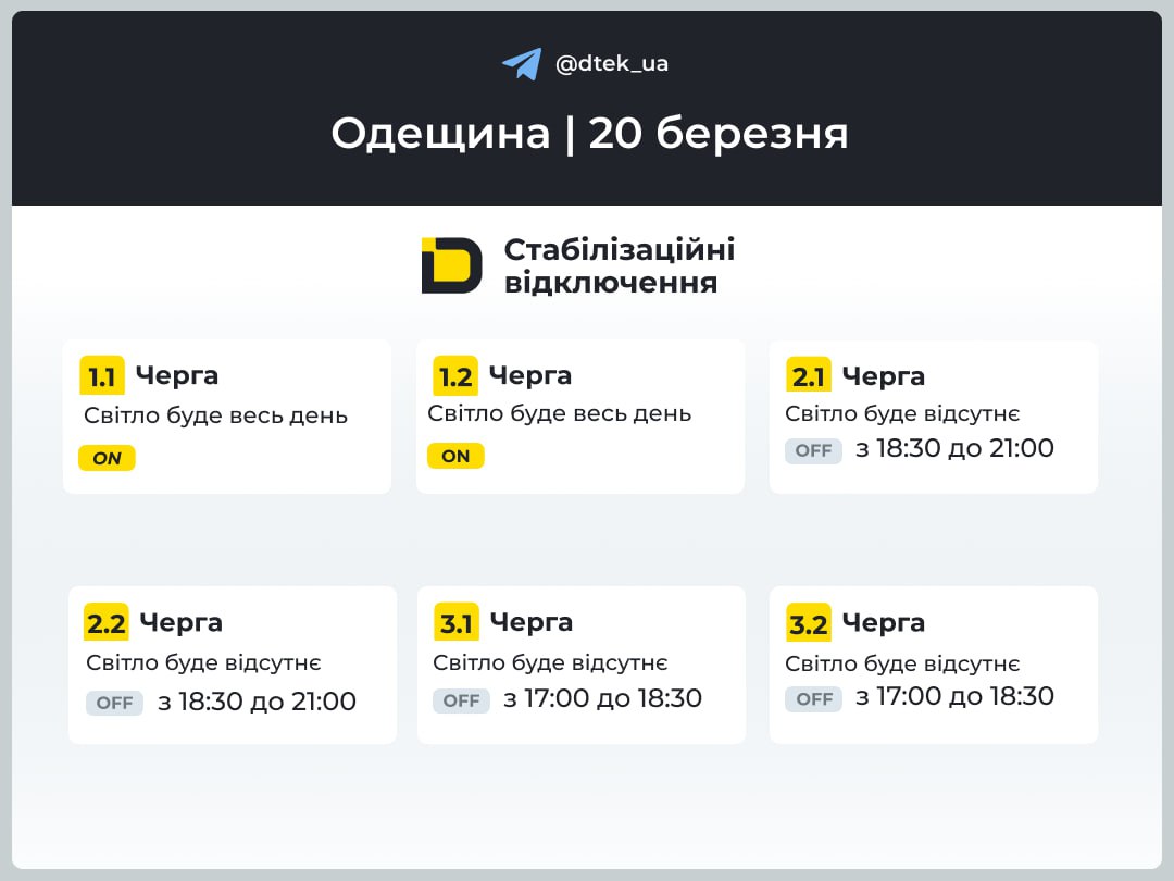 У ДТЕК опублікували графіки відключень світла для частини Одещини на 20 березня