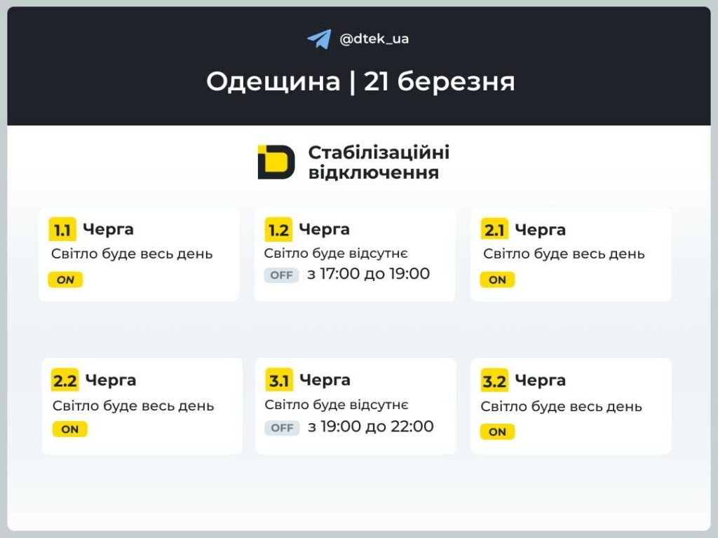 В ДТЭК опубликовали графики отключений света для части Одесской области на 21 марта