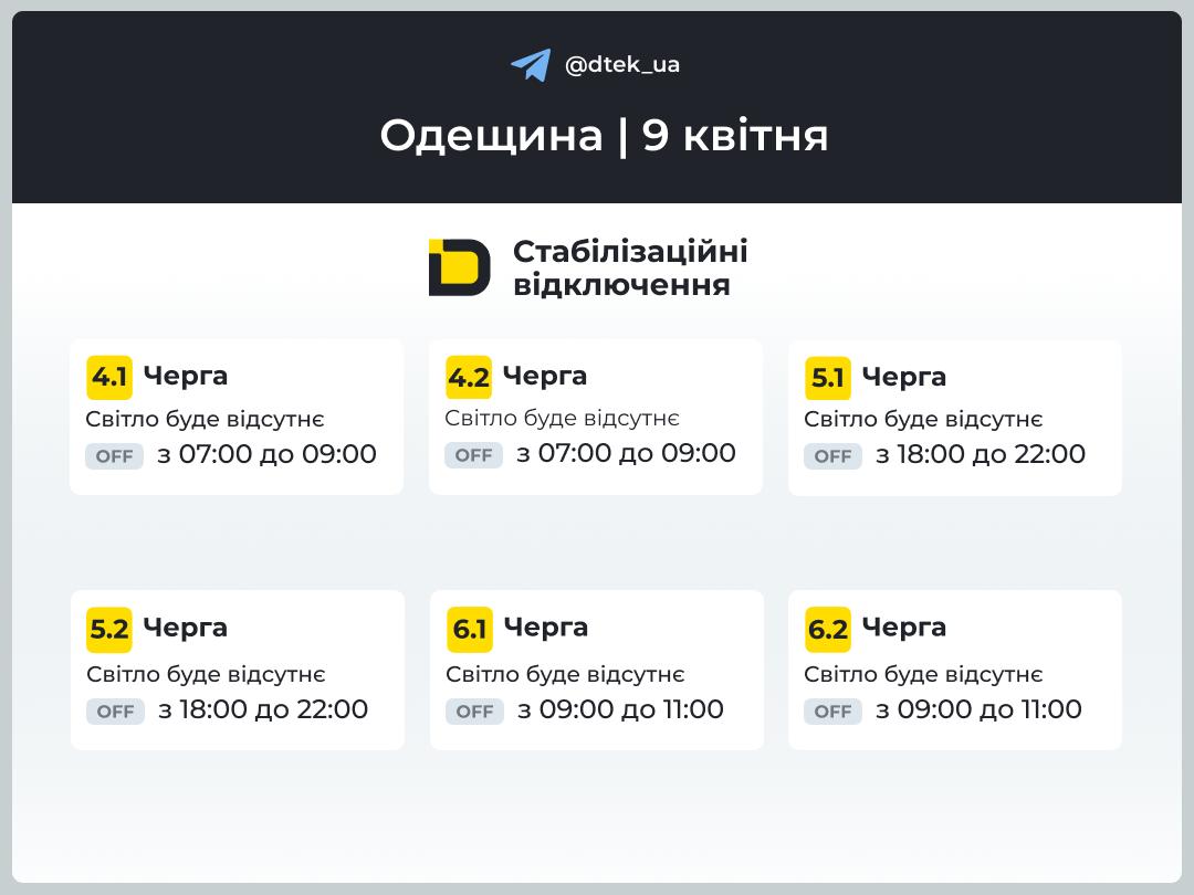 В Одессе и области 9 апреля действуют стабилизационные отключения света — в ДТЭК опубликовали графики В Одессе и области 9 апреля действуют стабилизационные отключения света — в ДТЭК опубликовали графики