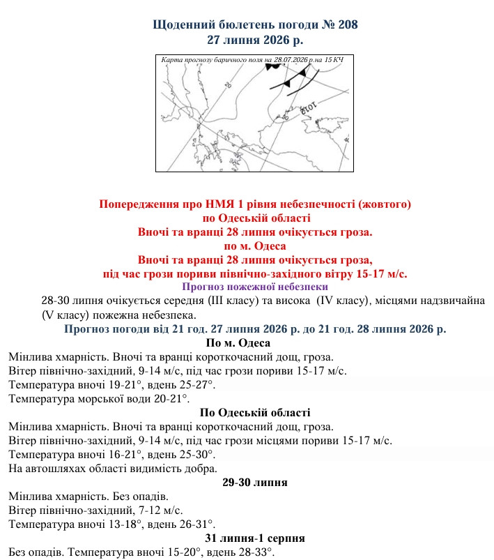 Какой будет погода в Одессе и области 28 июля