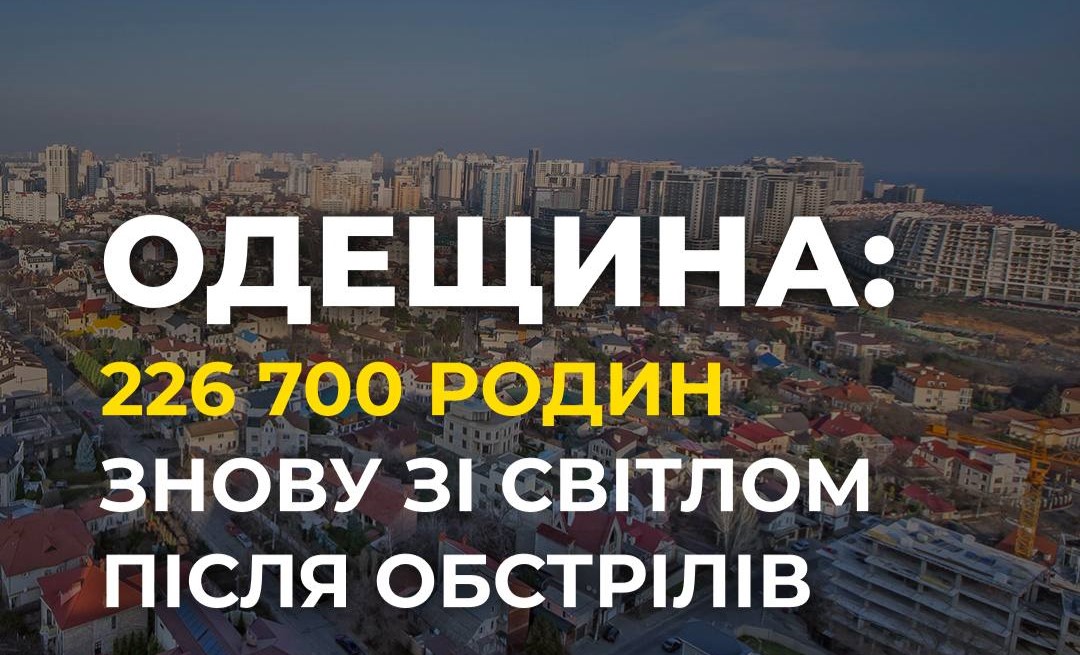 В Одесской области восстановили свет для более 226 тысяч семей после массированного обстрела В Одесской области восстановили свет для более 226 тысяч семей после массированного обстрела